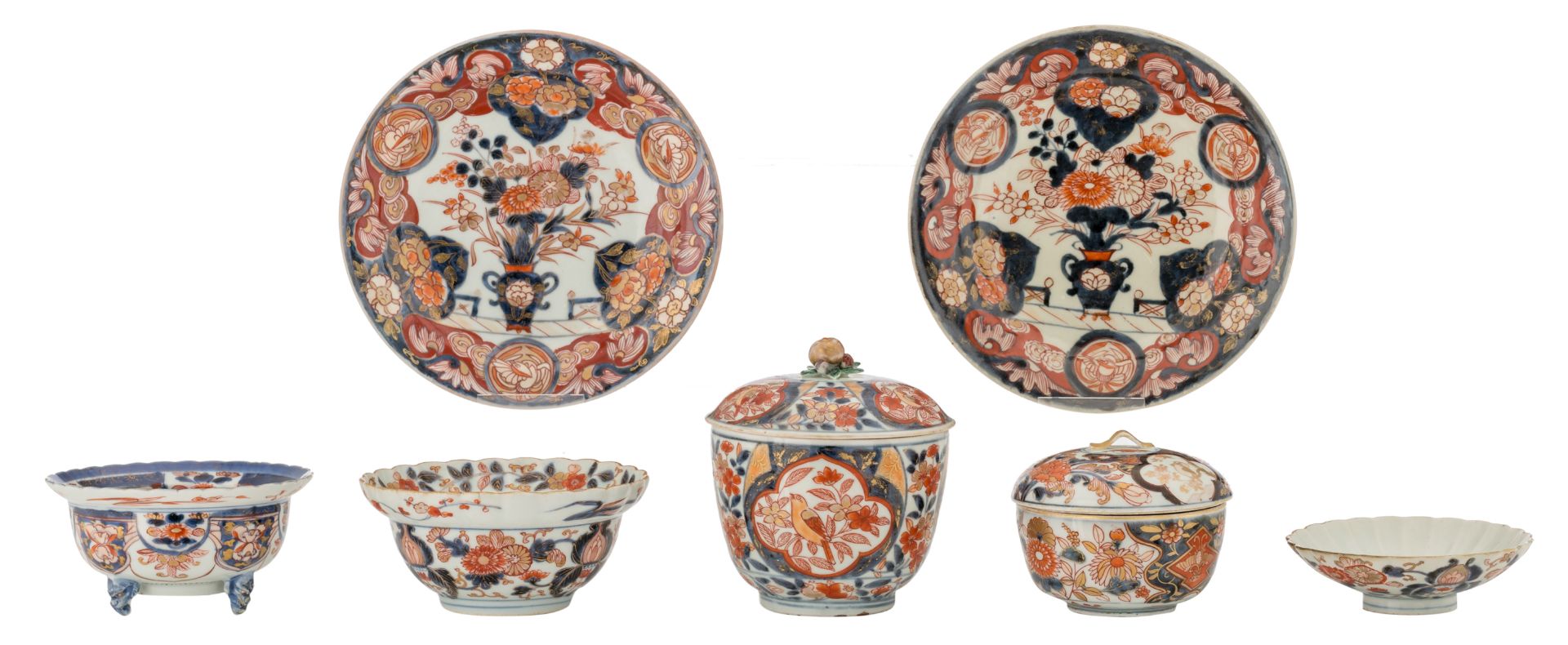 A lot of various Japanese Arita Imari porcelain items, consisting of two dishes, three covered bowls