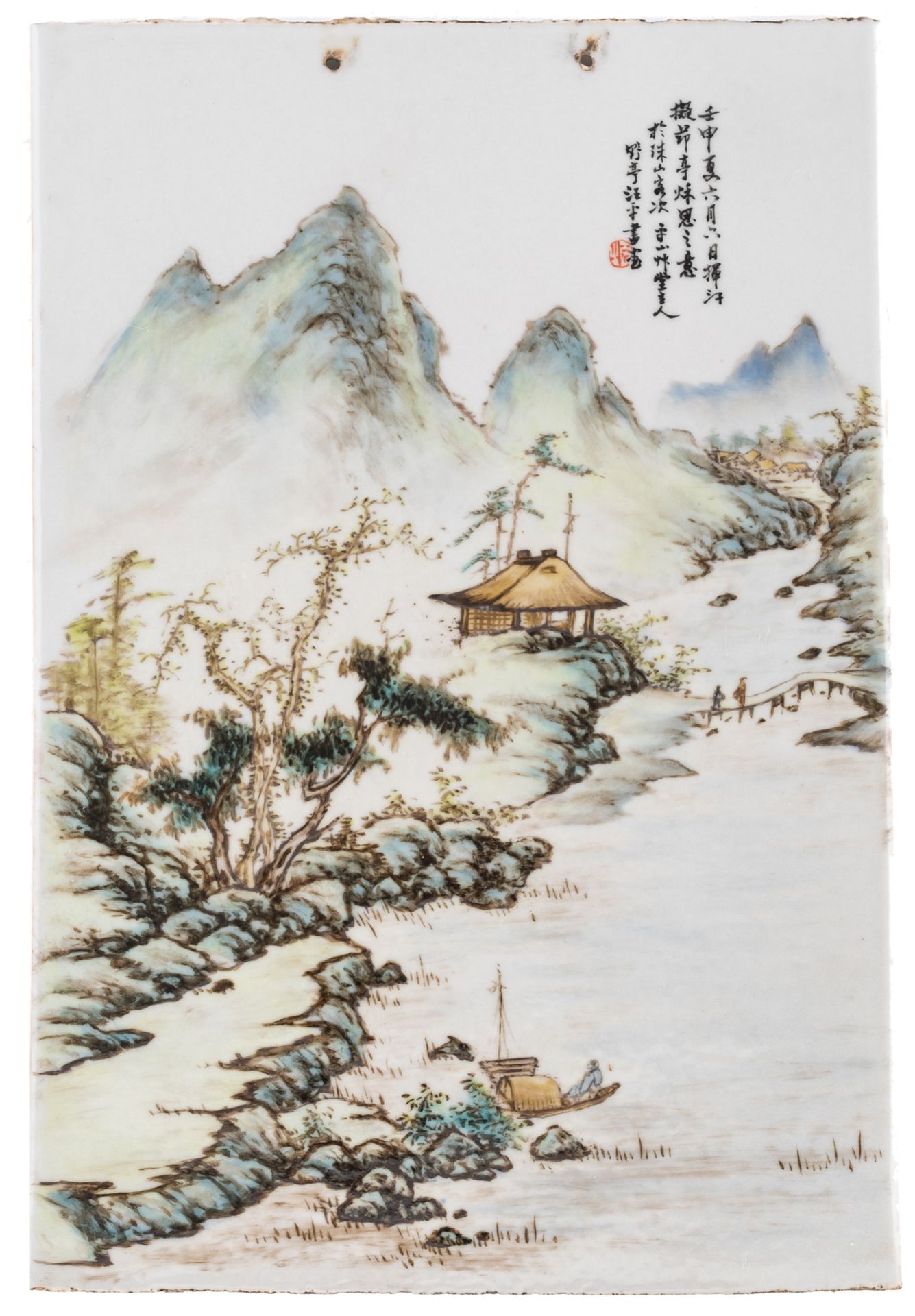 A Chinese polychrome plaque, depicting fishermen in a mountainous landscape, with a text, seal mark,