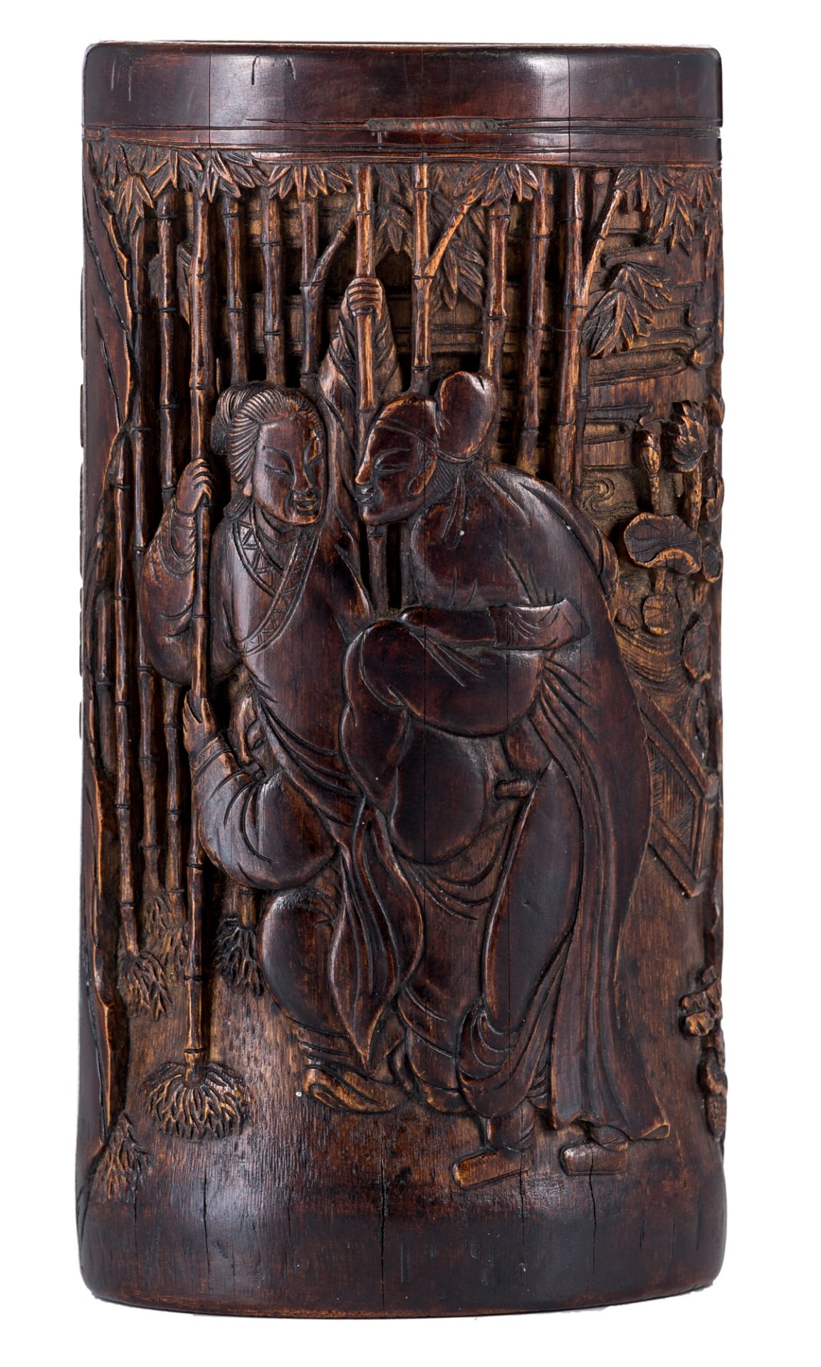 A sculpted bamboo brushpot decorated to one side with an erotic scene, the reverse with a tekst, tel - Bild 2 aus 8