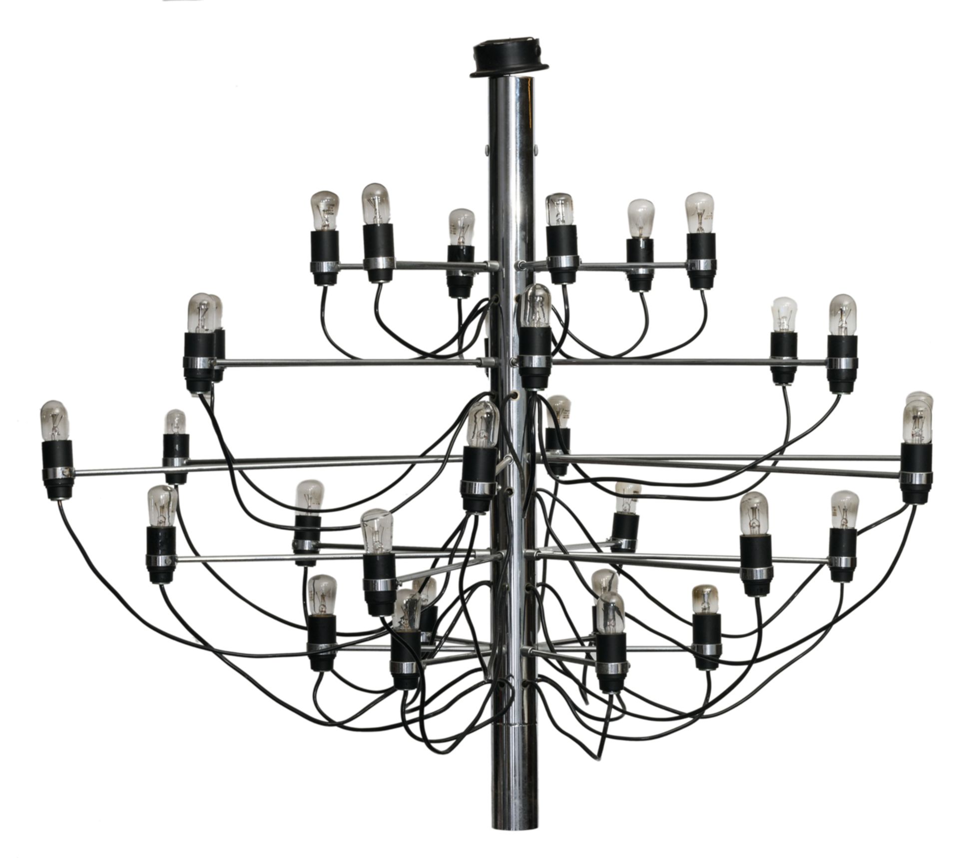 A design chandelier by Gino Sarfatti, model 2097/30, Italy, chrome plated steel with bakelite socket