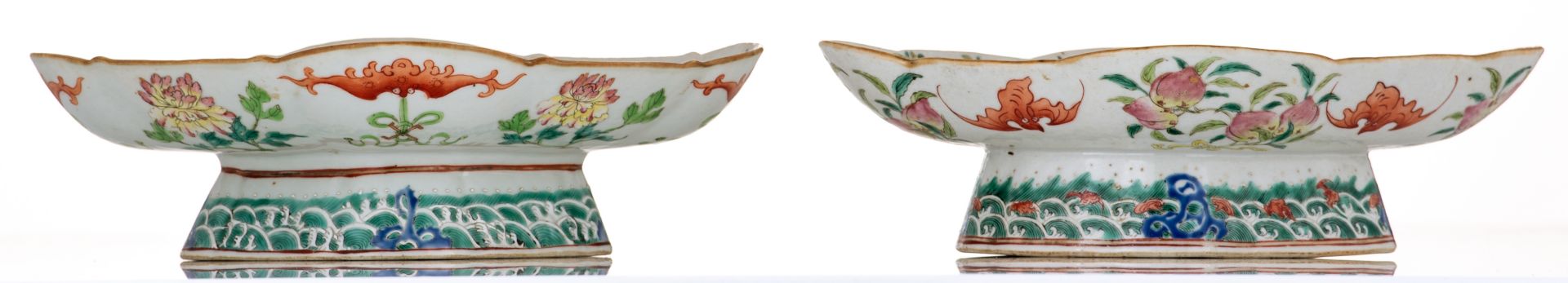 Two Chinese famille rose and polychrome footed plates, decorated with flowers, bats and auspicious s - Image 4 of 9