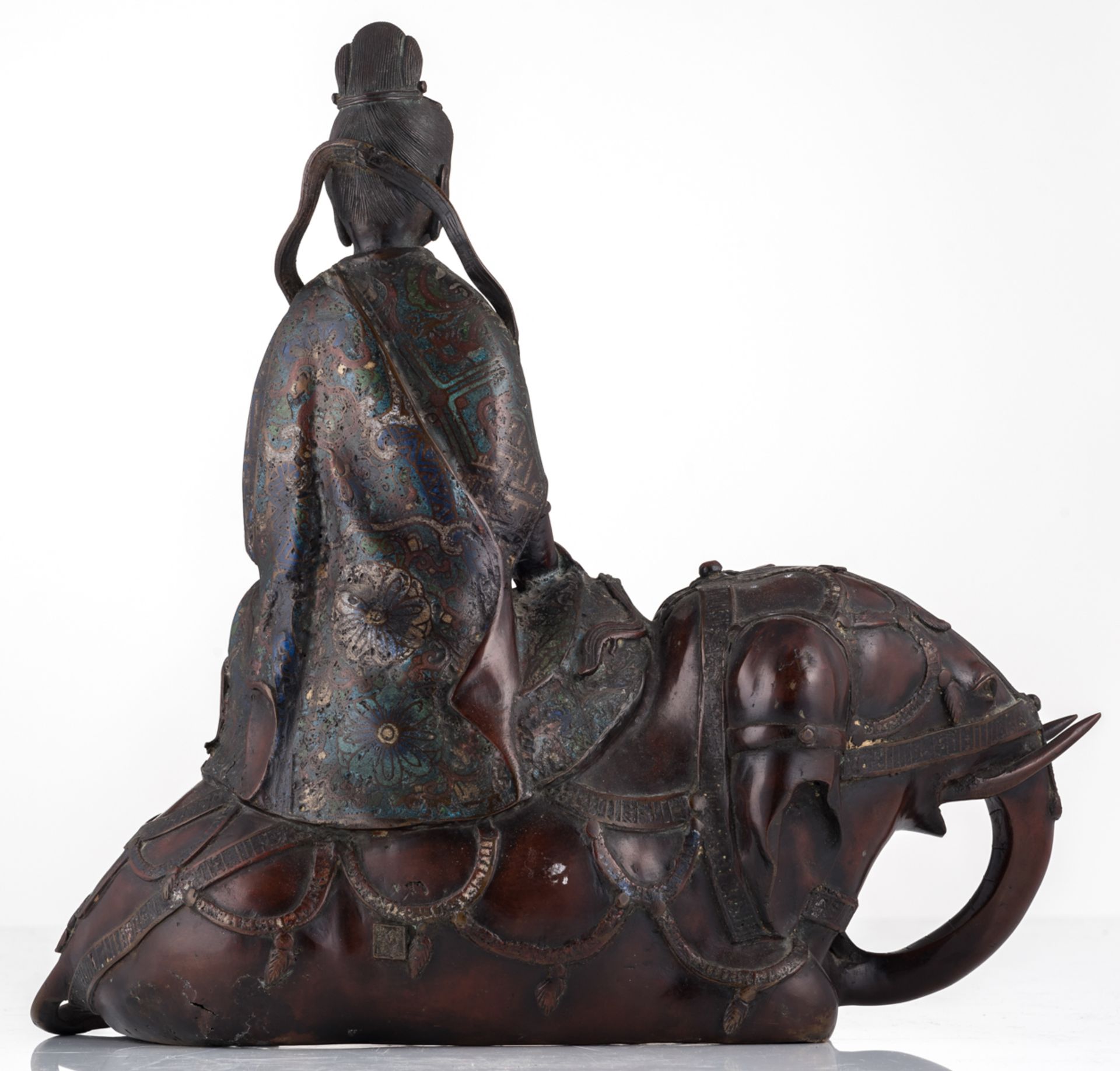 A Chinese cloisonné enamel bronze group, depicting a seated Guanyin on an elephant, marked, H 40 - W - Image 3 of 5