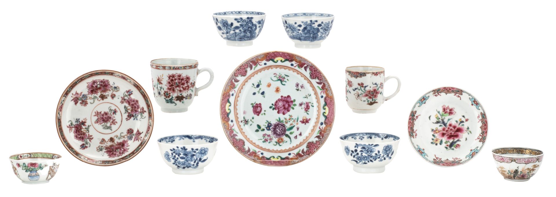Two pairs of Chinese cups, blue and white decorated with flowers; added three ditto famille rose dis
