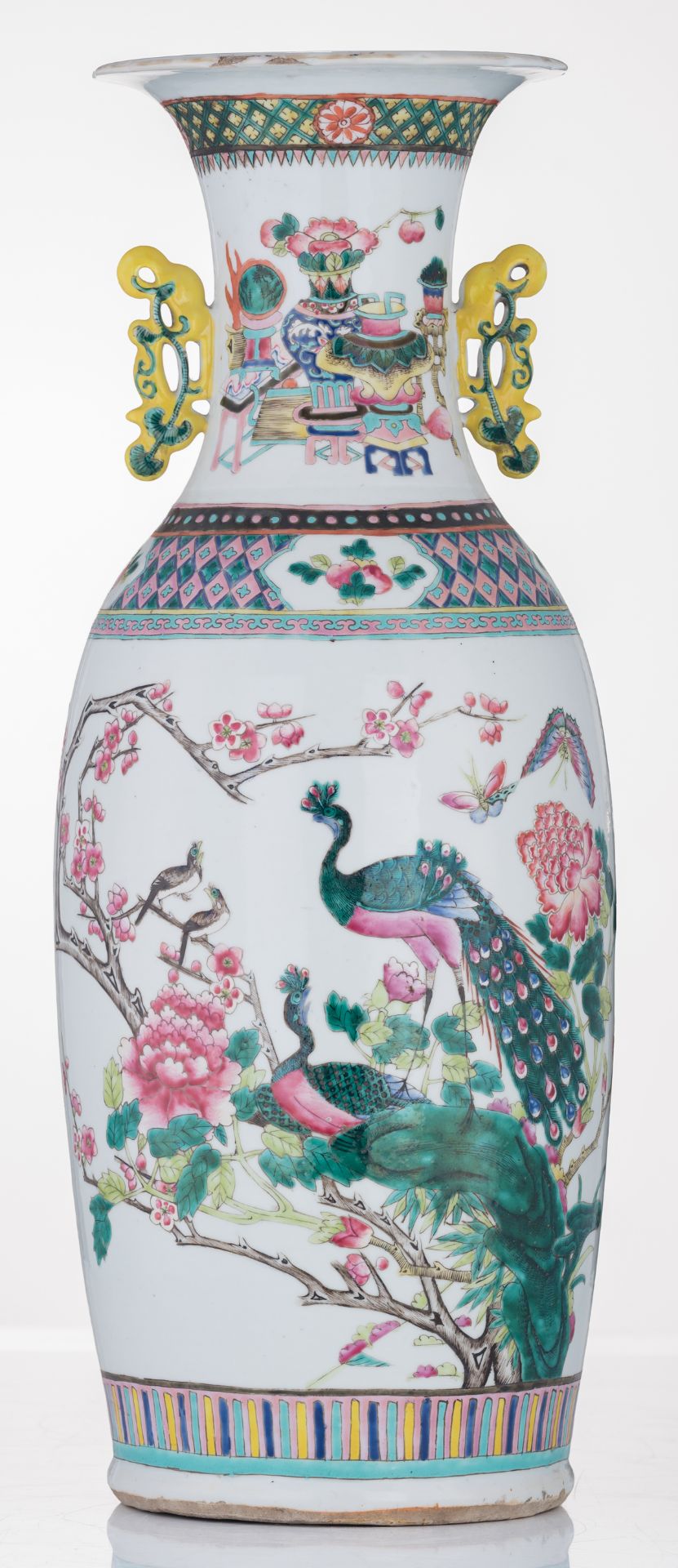 A Chinese famille rose vase, decorated with peacocks, flower branches, butterflies and antiquities, - Image 3 of 6