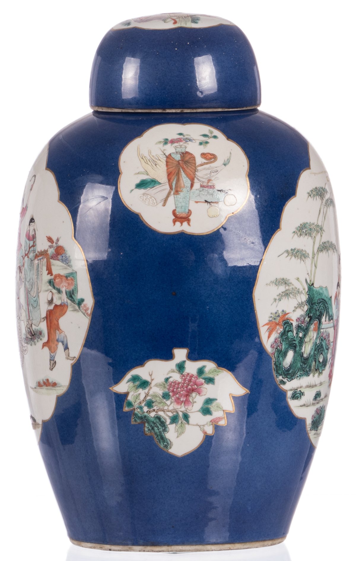 A Chinese bleu poudré ground jar and cover, the roundels famille rose decorated with animated - Image 4 of 11