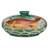 A Chinese famille rose sweet meat box, decorated with a carp in a lotus pound setting, marked