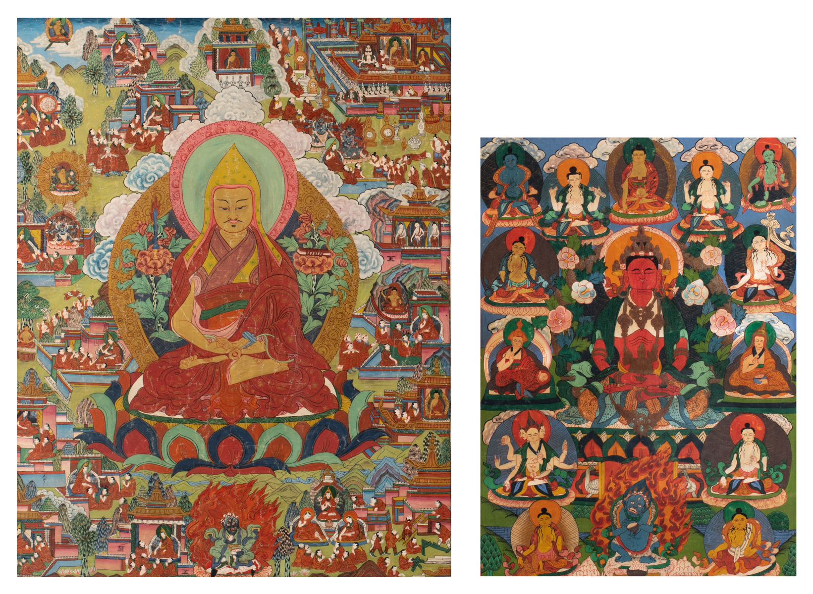 Two Tibetan thangkas, gouache on textile, 19th/20thC, framed, 44,5 x 62 - 60,5 x 78 cm