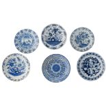 A lot of six blue and white Dutch Delftware plates, all with chinoiserie or European decoration,