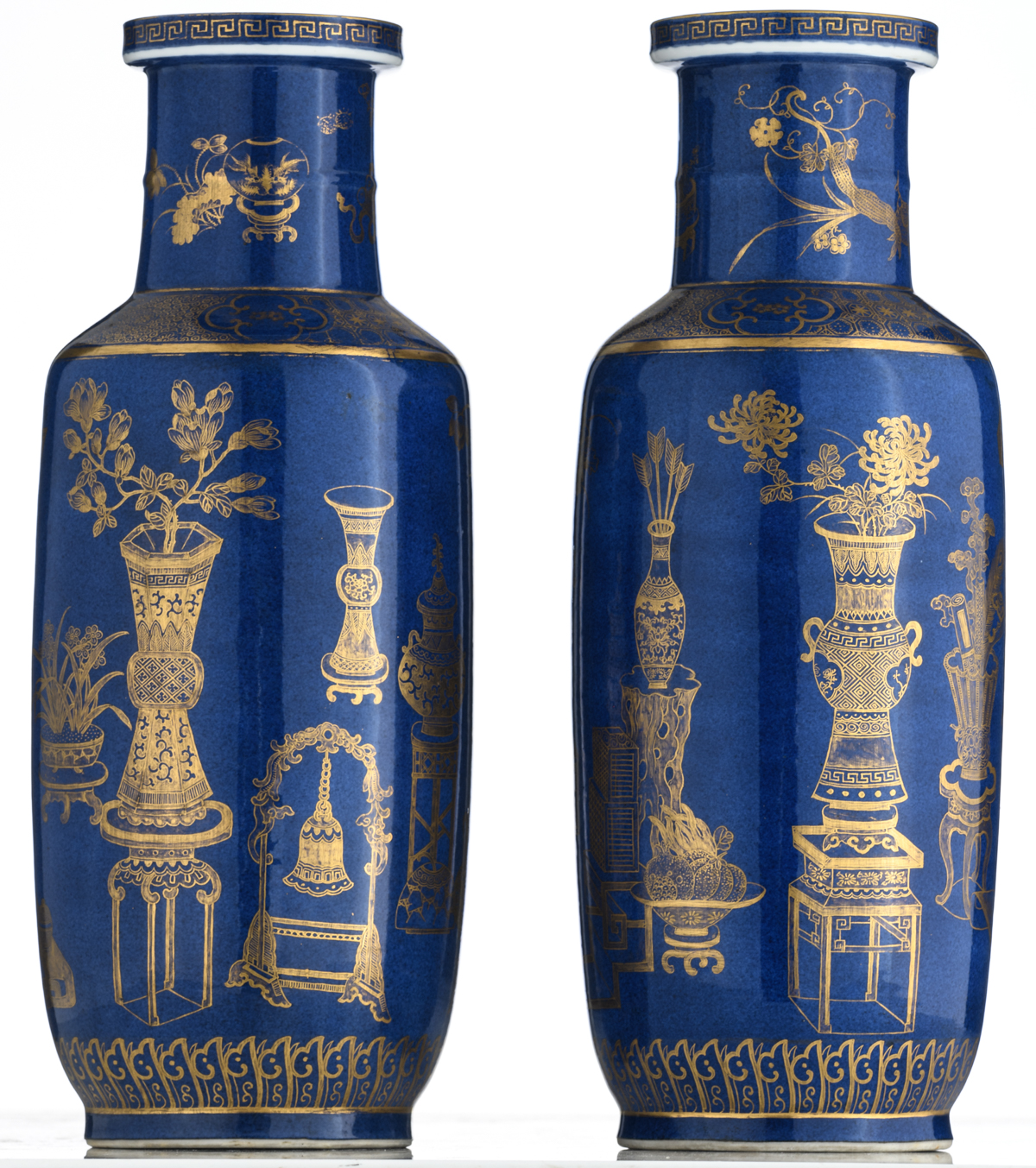 A pair of Chinese bleu poudré vases, gilt decorated with antiquities, flowers, pomegranates and - Image 2 of 6