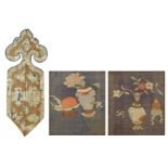 A Chinese framed ruyi shaped silk embroidery, the roundels with ladies in a garden, 25,5 x 51 cm (