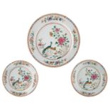 A lot of three Chinese famille rose export porcelain dishes, decorated with peacocks and peonies,