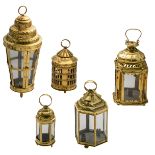 Five brass lanterns, the Low Countries, 18th-20thC, H 28 - 60 cm