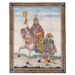 A tile panel consisting of 20 polychrome decorated tiles, depicting Saint Nicholas and Black Pete,