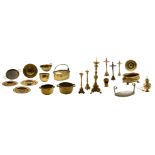 A large lot of various brass utensils and other decorative items, consisting of five alms dishes,