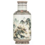 A Chinese Republic period rouleau vase, decorated with a continuous scene of a mountainous river