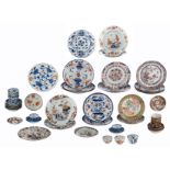 A Chinese Imari and 'café au lait' set of cups and dishes, 18th/19thC; added two Canton dishes,