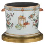 A Chinese famille rose floral decorated export porcelain wine cooler, decorated with antiquities,
