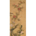 A Chinese painting on silk representing birds on a flower branch, 19thC, H 142 - W 69,5 cm