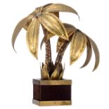 A vintage brass Maison Jansen palm tree lamp on a with velvet decorated base, H 43 cm