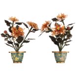 Two Chinese floral jade and agate trees with cloisonne flower pots, H 39,5 - 43 cm