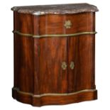A double door mahogany veneered cabinet with brass mounts and a rouge Imperial marble top, 19thC,