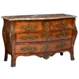 A mid 18thC French rosewood commode à la régence with gilt bronze mounts and a rouge royale marble