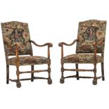 Two walnut Louis XIII style armchairs, H 112 - W 68 - D 80 cm