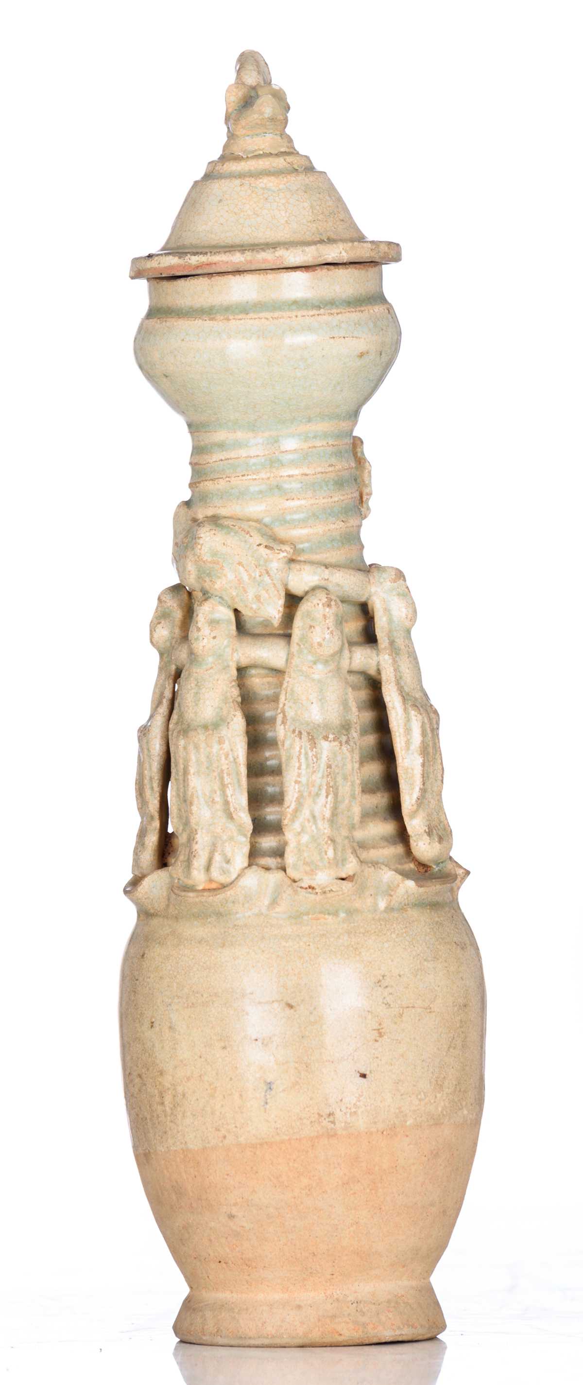 A Sui dynasty type covered vase, relief decorated with the immortals and a dragon, H 31,5 cm - Image 2 of 6