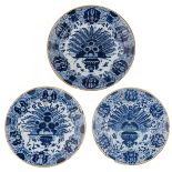 Three blue and white Delftware plates with a so called 'Pauwstaart' (peacock tail) decoration,