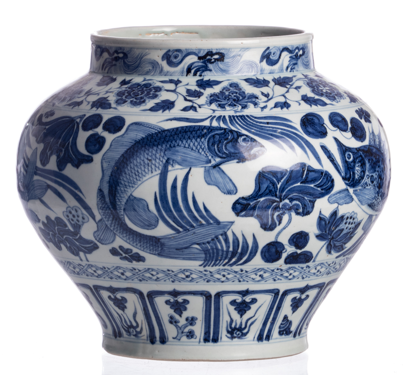 A Chinese blue and white jar, all over decorated with fish in a lotus pond, H 28 cm - Image 2 of 6