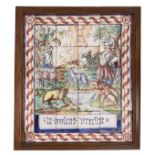 A framed tile panel consisting of 20 polychrome decorated tiles, 4 corner tiles and 18 side tiles,