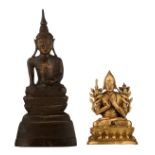 A Sino-Tibetan gilt bronze Tsongkhapa monk; added a gilt bronze Buddha in Bhumisparsha mudra,