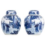 A pair of Chinese blue and white ginger jars and covers, decorated with an animated scene, with a