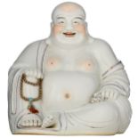 An exceptionally large seated Budai, polychrome and silver lustre decorated, with an impressed mark,