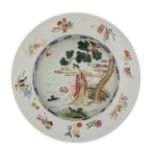 A Chinese famille rose porcelain deep plate, the well decorated with Magu with the deer, the rim