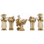 Two pairs of Art Nouveau style Royal Dux vases and one ditto horn shaped jardiniere decorated with