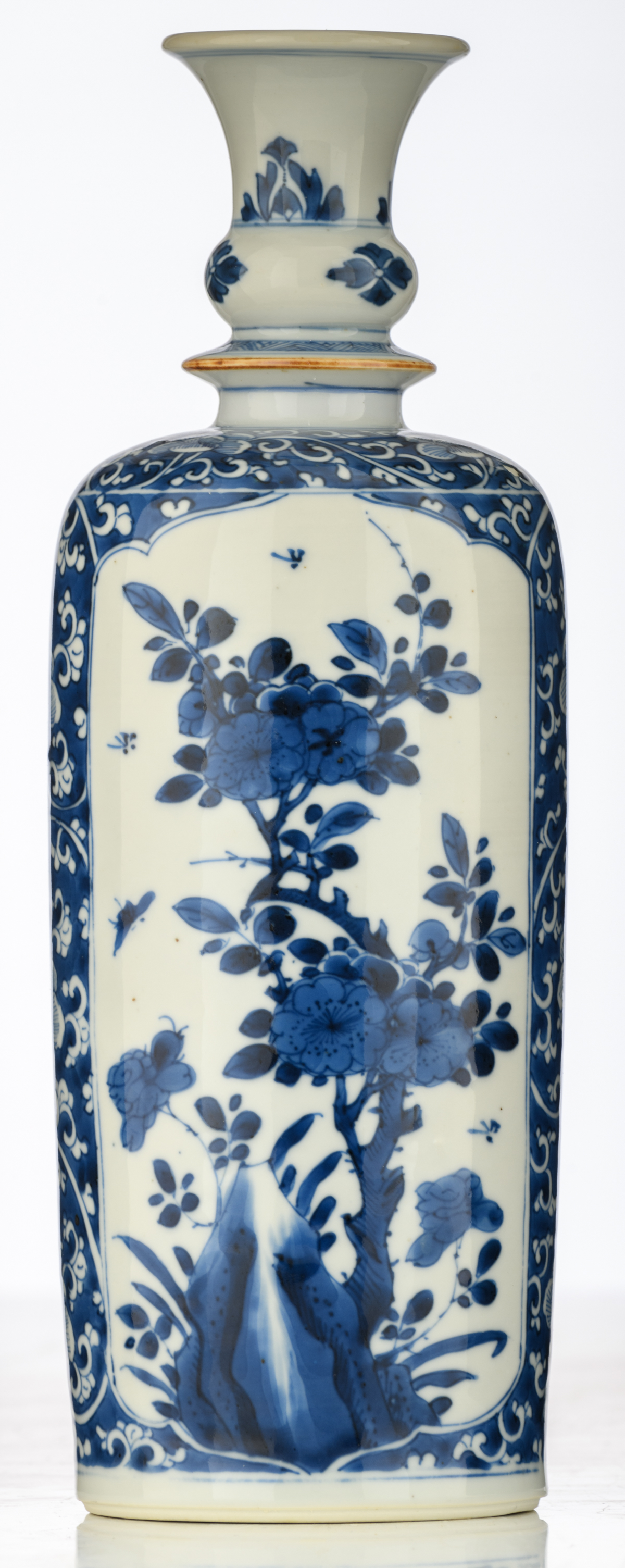 A Chinese blue and white floral decorated porcelain flask, the roundels with antiquities and - Image 3 of 6