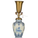 A blue and white decorated Dutch Delftware vase transformed into a table lamp, brass mounts,