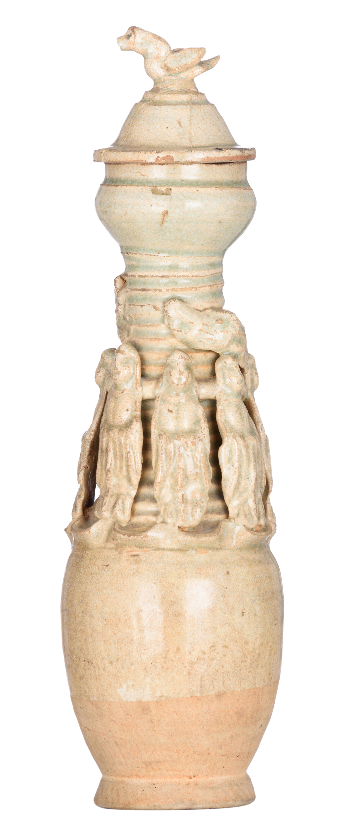 A Sui dynasty type covered vase, relief decorated with the immortals and a dragon, H 31,5 cm