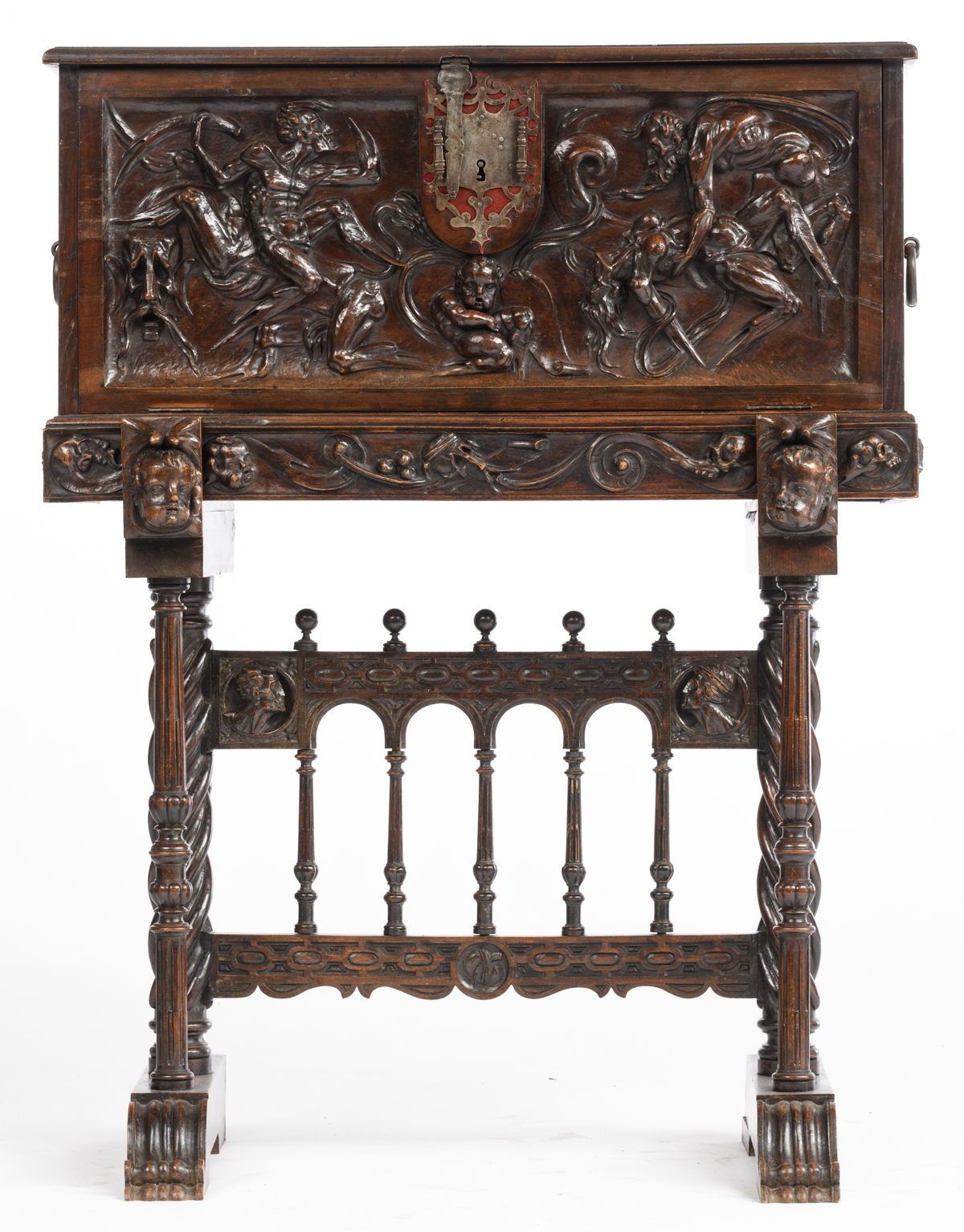A richly alto relievo carved walnut and oak vargueno, 19thC Renaissance Revival,  H 57,5 - 143 (with - Image 2 of 6