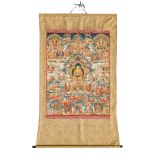 An impressive Tibetan thangka, depicting Buddhist deities, gouache on textile, 90 x 116 cm