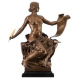 Bareau G., an allegory of history, patinated bronze, the feather gilt bronze, on a noir Belge marble