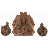 An oak alto relievo depicting Salvator Mundi; added two oak sculptures depicting Evangelists, 19thC,