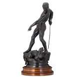 Ferrary M., 'Homme combattant une lionne', patinated bronze on a matching walnut base, Siot-