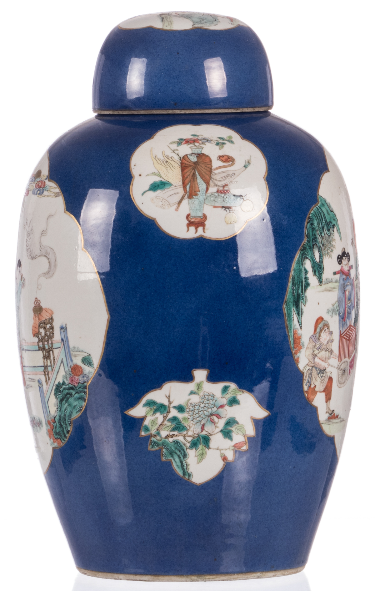 A Chinese bleu poudré ground jar and cover, the roundels famille rose decorated with animated - Image 6 of 11