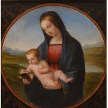 No visible signature, Madonna with Child, oil on panel, after the 'Madonna Conestabile' by