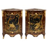 A pair of Regence style bow front corner cabinets (encoignures) with a lacquered chinoiserie
