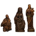 A fragment of a wooden saint; added a wooden sitting Holy Mother and Child; extra added an oak