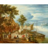Monogrammed G.S. , a crossover by the river, in the manner of the Brueghel family, oil on copper, 50