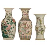 Three Chinese famille rose vases, one decorated with hundred antiquities, the inside of the neck and